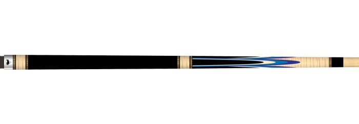 Buffalo Premium 2 biljartkeu nr. 2 Low Deflect Core (LDC) shaft van A5-kwaliteit esdoornhout, butt curly maple met ingelegd patroon in donkerblauw, blauw, off-white en zwart.